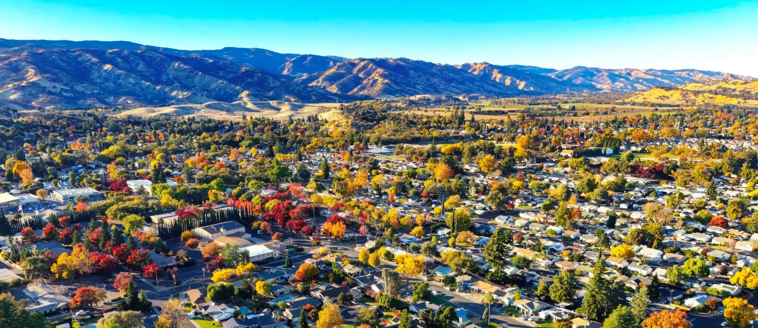 Aerial view of Vacaville, California framed by the surrounding hills